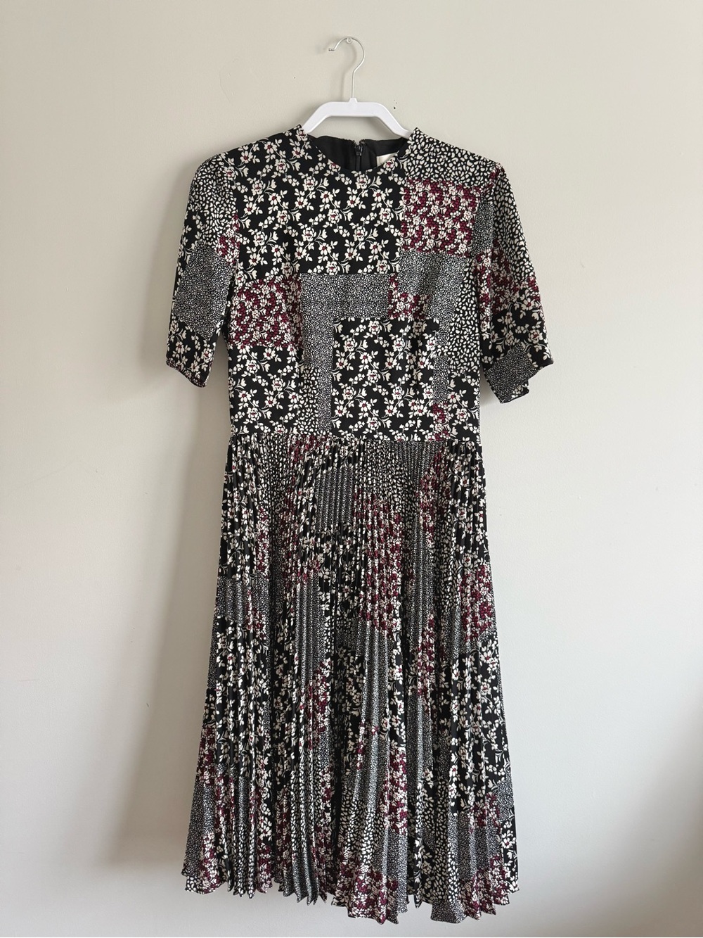 Mikael Aghal Black Floral Patchwork Pleated Midi Dress with Maroon Accents